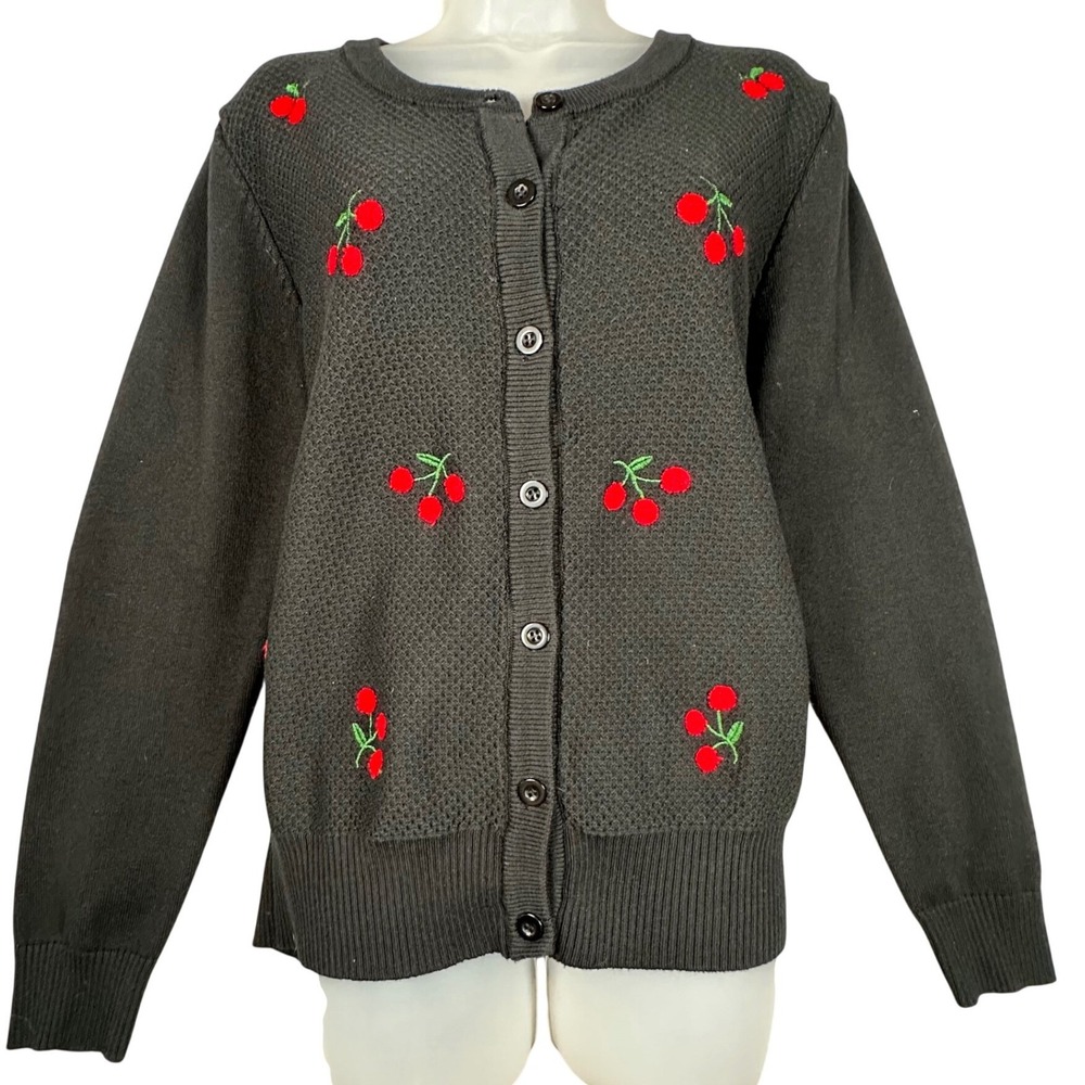 Belle Poque Cherry Embroidered Cardigan Womens Large Black Retro Cottagecore